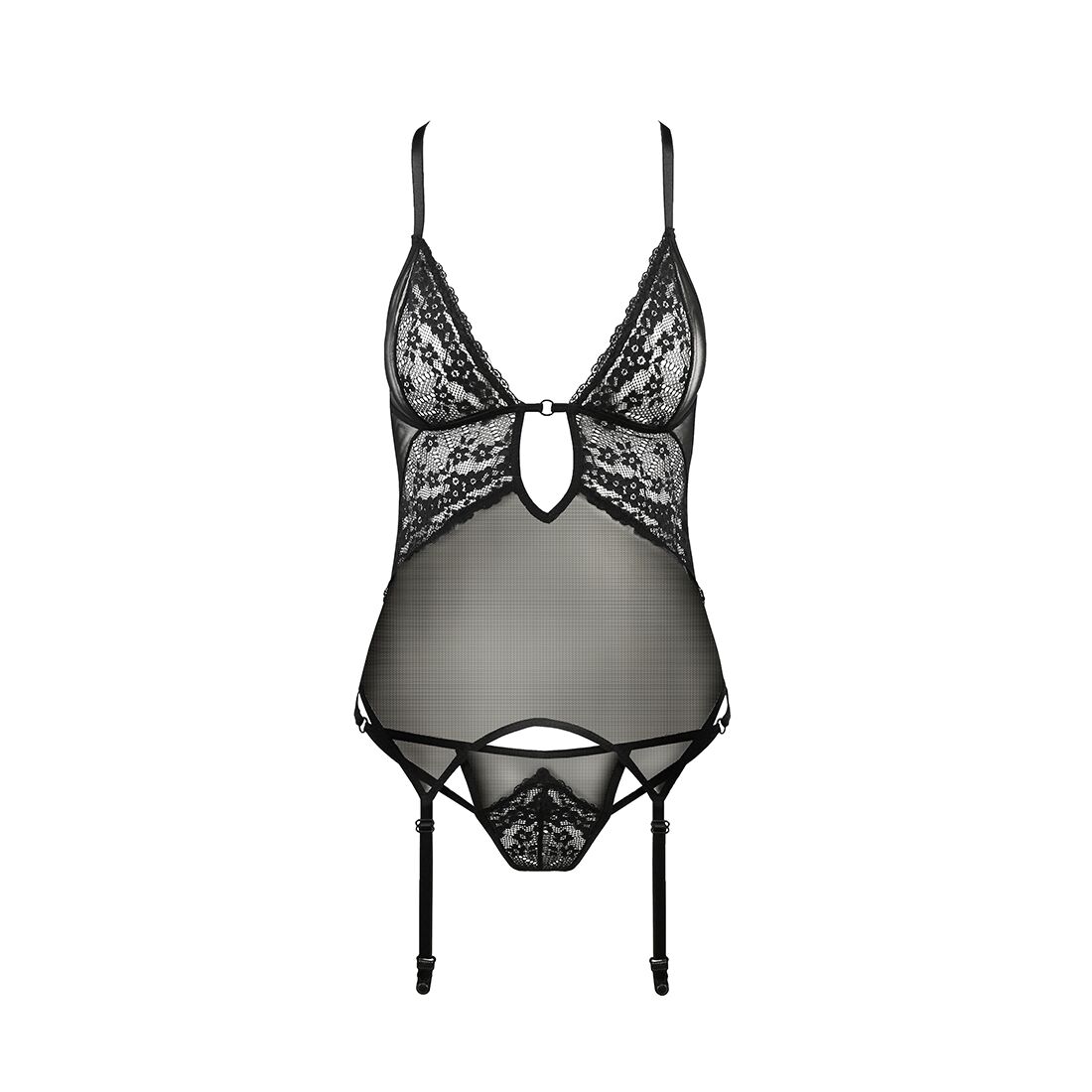 Корсет с декольте ERZA CORSET black L/XL - Passion, пажи, трусики, полупрозрачный