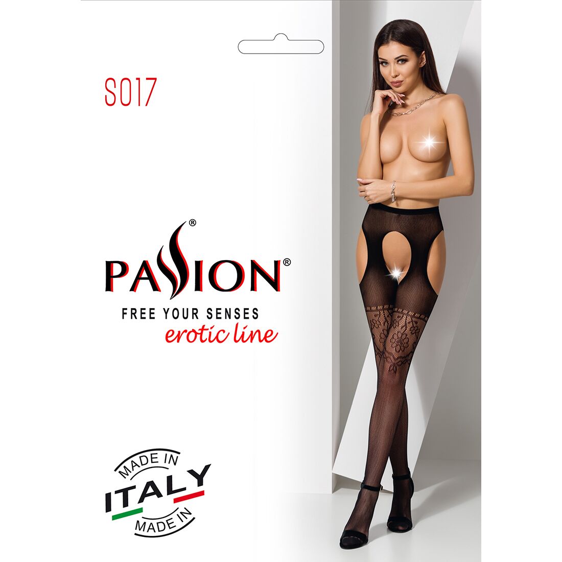 Эротические колготки-бодистокинг Passion S017 black, имитация ажурных чулок и пояса
