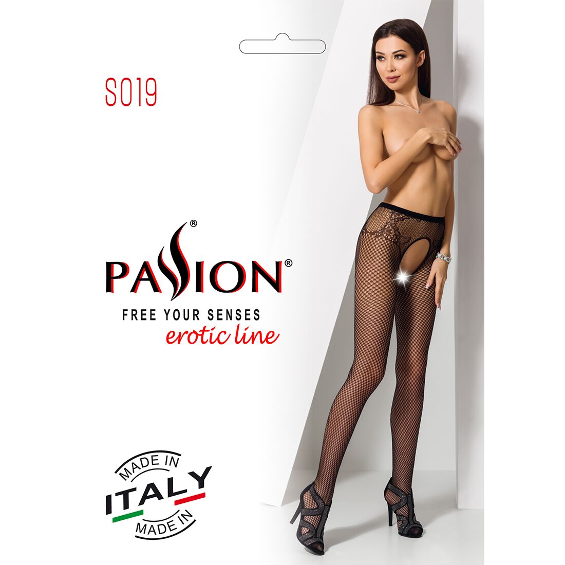Эротические колготки-бодистокинг Passion S019 black, имитация трусиков ажурных с доступом, в сеточку