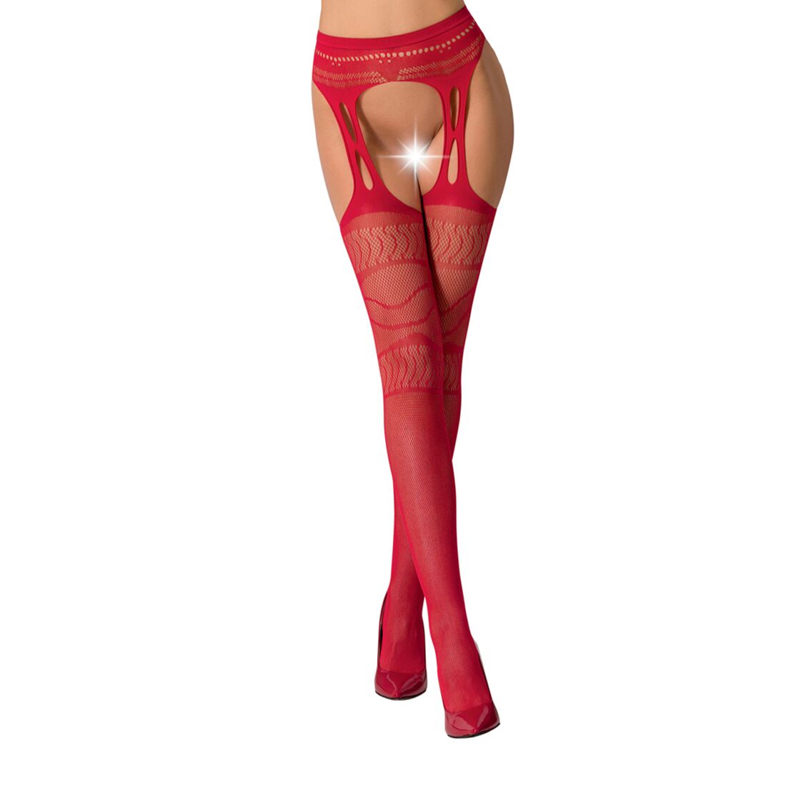 Эротические колготки-бодистокинг Passion S020 red, имитация ажурных чулок с высоким поясом