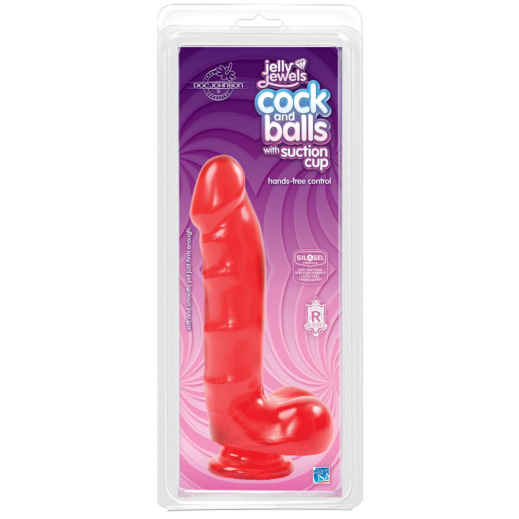 Фаллоимитатор Doc Johnson Jelly Jewels Cock & Balls Red, диаметр 3,6см, антибактериальный ПВХ