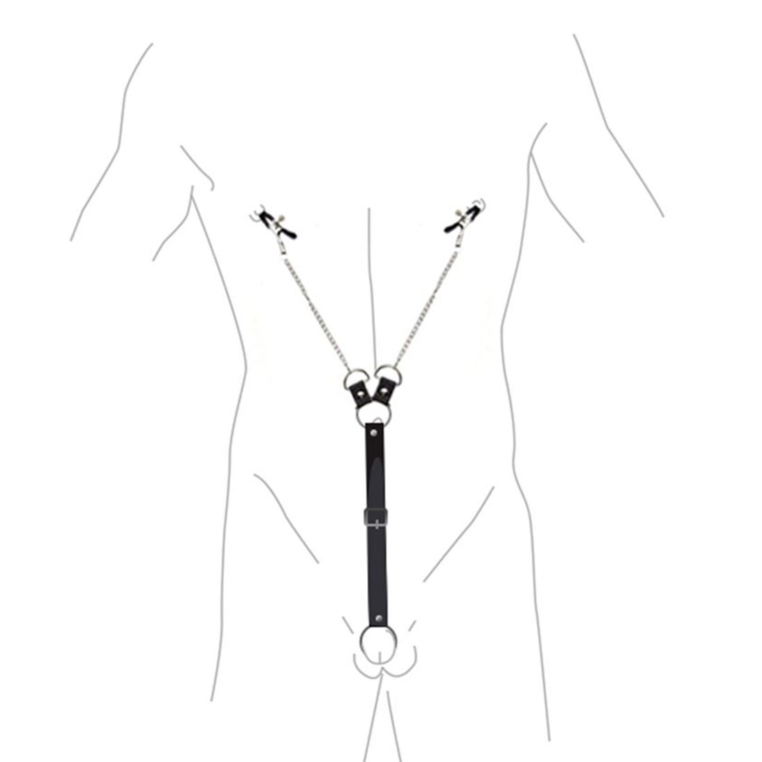 Зажимы для сосков с фиксацией на мошонке Nipple Clamps for Men, Эко кожа