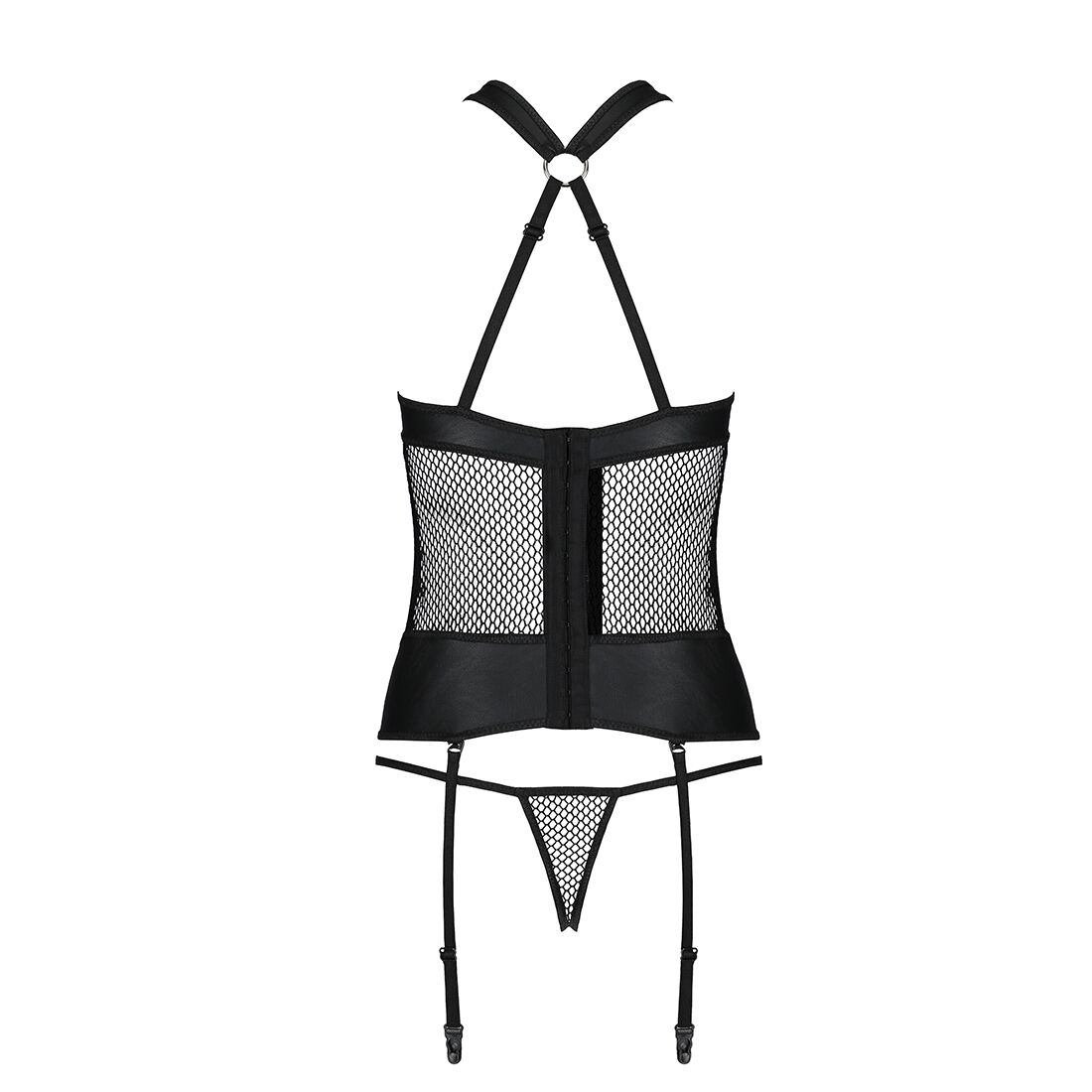 Сетчатый комплект корсет с халтером, съемные подвязки и трусики Amanda Corset black L/XL - Passion