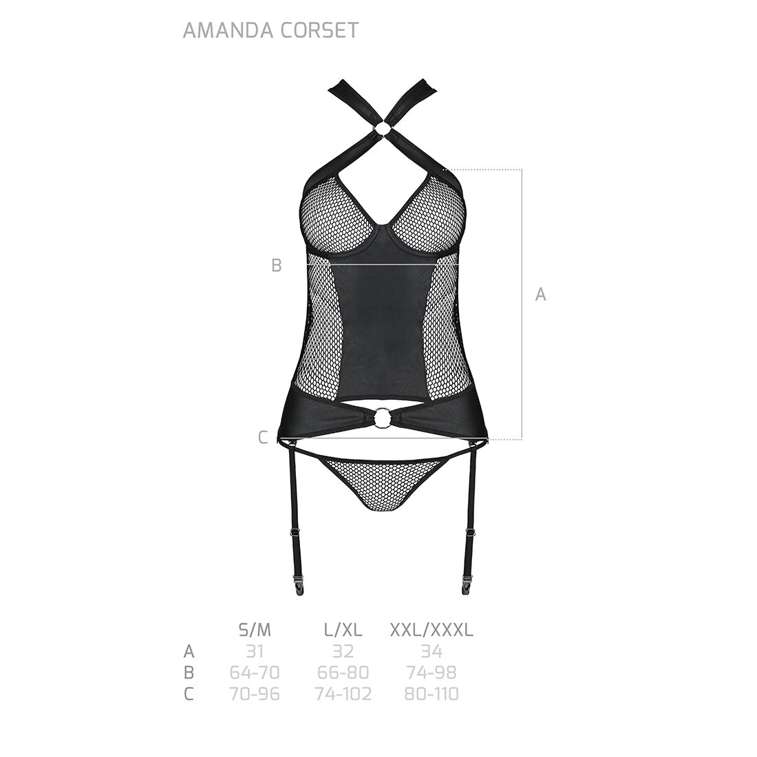 Сетчатый комплект корсет с халтером, съемные подвязки и трусики Amanda Corset black L/XL - Passion