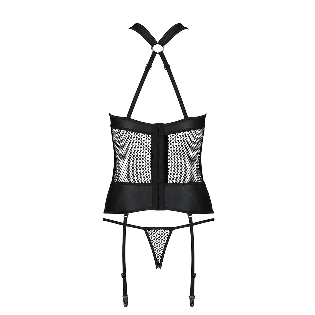 Сетчатый комплект корсет с халтером, съемные подвязки и трусики Amanda Corset black S/M - Passion