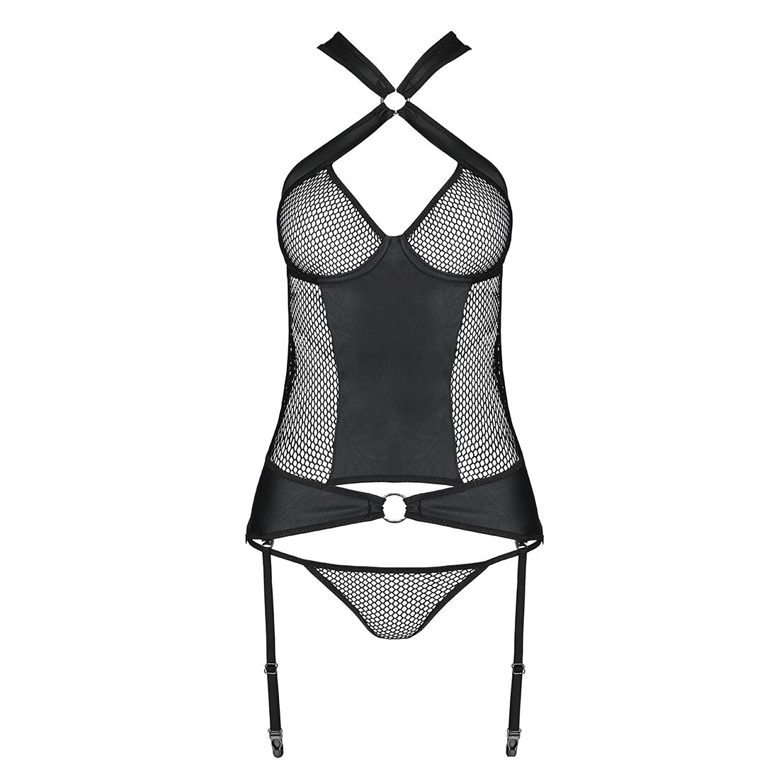 Сетчатый комплект корсет с халтером, съемные подвязки и трусики Amanda Corset black XXL/XXXL - Passi
