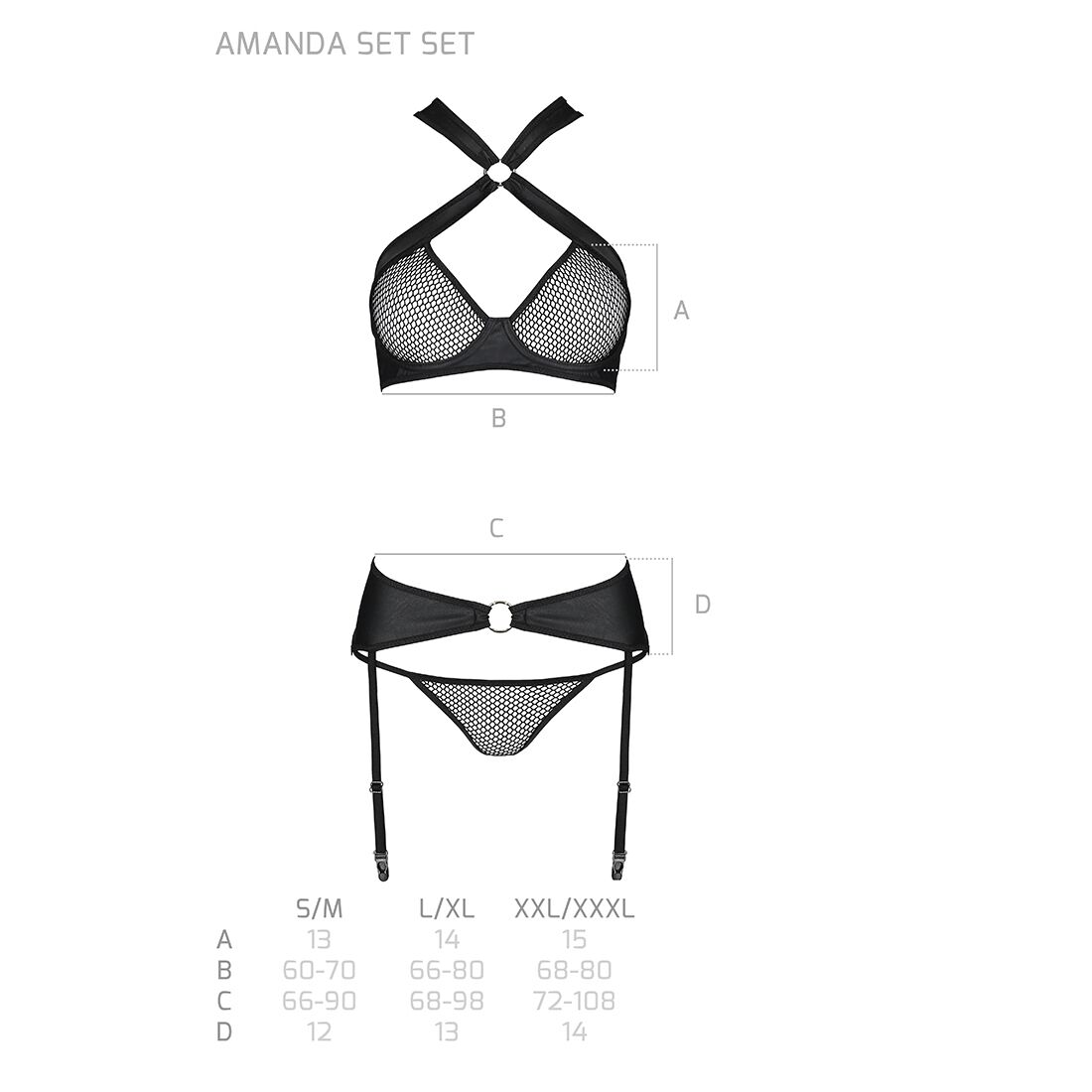 Сетчатый набор: бюстгальтер с халтером, трусики и пояс для чулок Amanda Set black XXL/XXXL - Passion