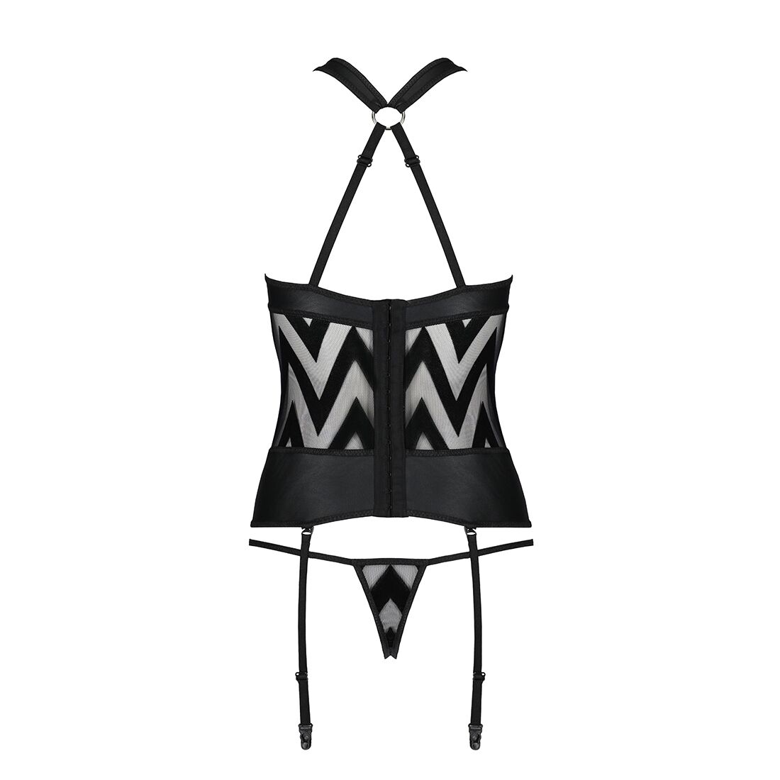 Сетчатый комплект с узором Hima Corset black L/XL - Passion, корсет с халтером, подвязки, трусики