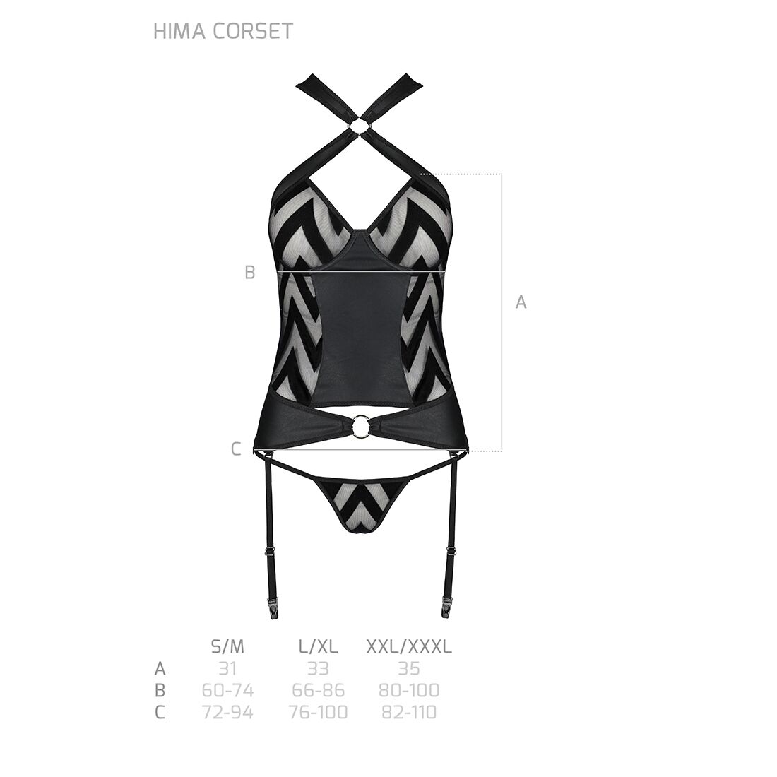 Сетчатый комплект с узором Hima Corset black L/XL - Passion, корсет с халтером, подвязки, трусики