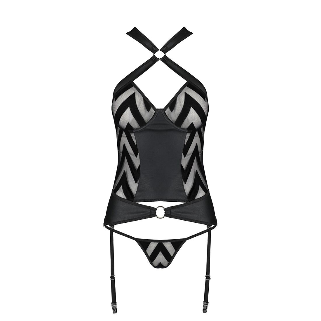 Сетчатый комплект с узором: корсет с халтером, подвязки, трусики Hima Corset black XXL/XXXL - Passio