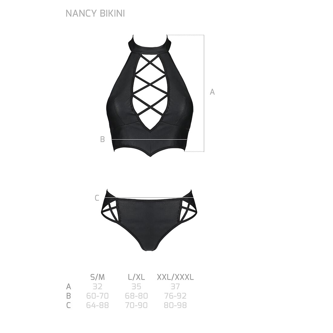 Комплект из эко-кожи Nancy Bikini black L/XL - Passion, бра и трусики с имитацией шнуровки