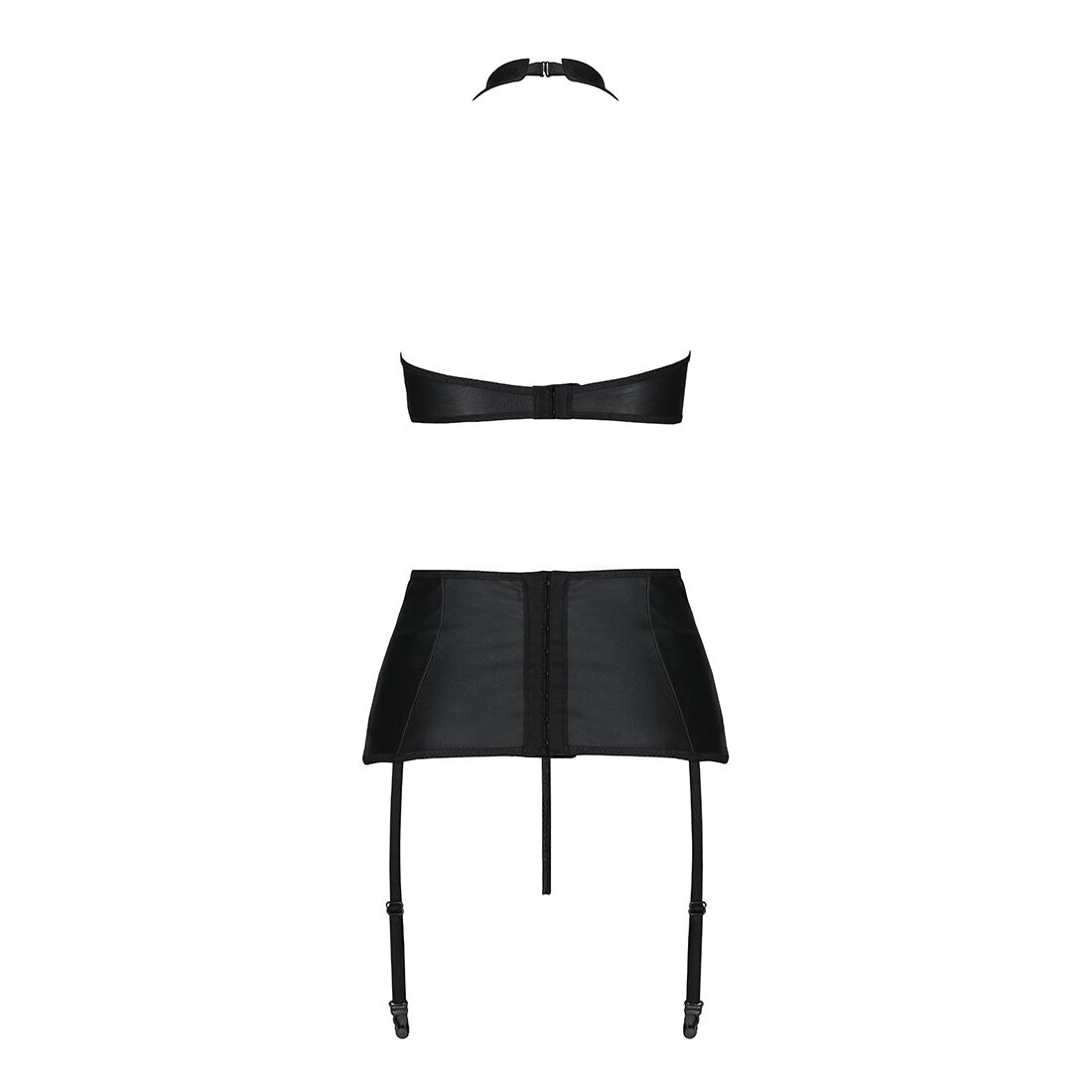 Комплект из эко-кожи с имитацией шнуровки Nancy Set black L/XL - Passion топ, трусики и пояс для чул