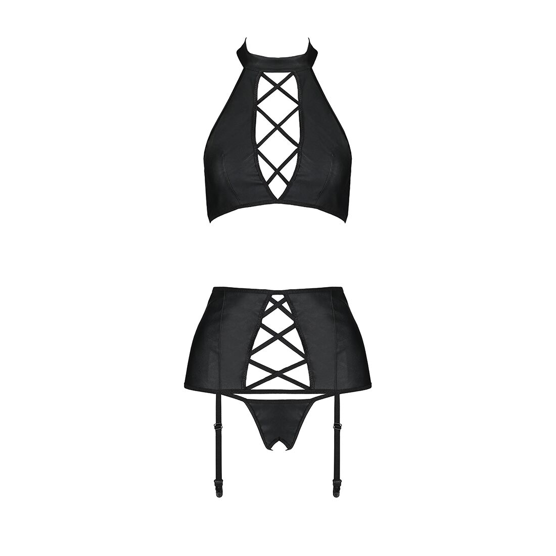 Комплект из эко-кожи с имитацией шнуровки Nancy Set black S/M - Passion топ, трусики и пояс для чуло