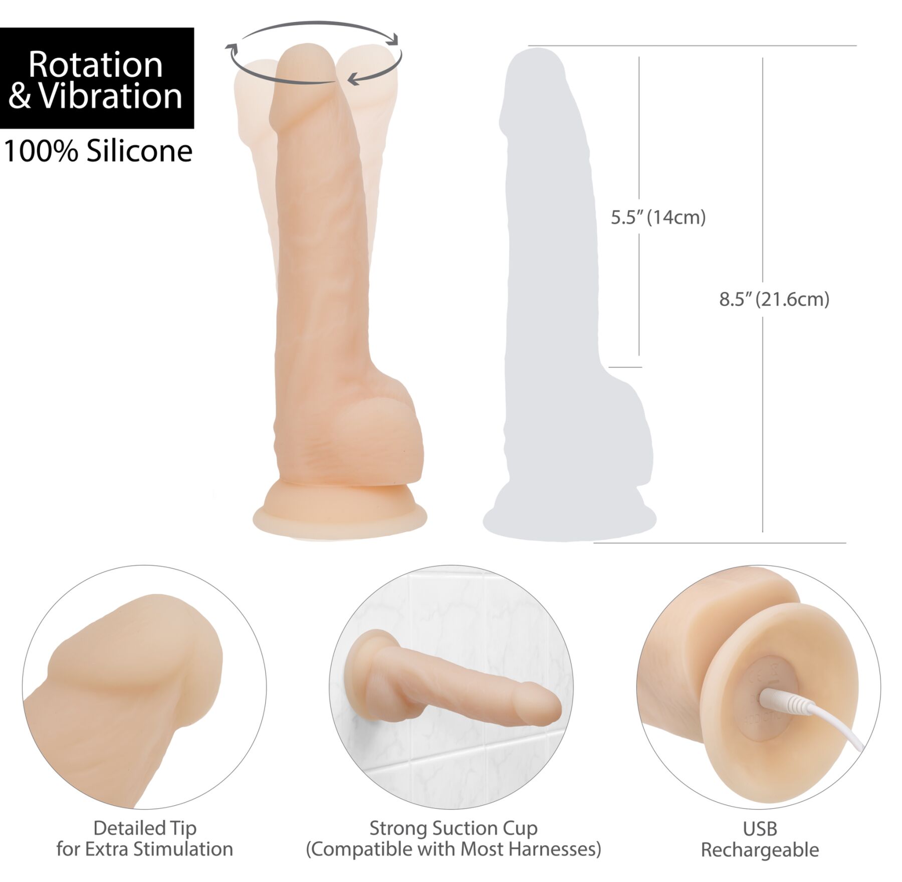 Фаллоимитатор с вибрацией и ротацией Naked ADDICTION James 8″ Rotating & Vibrating Dong, пульт ДУ