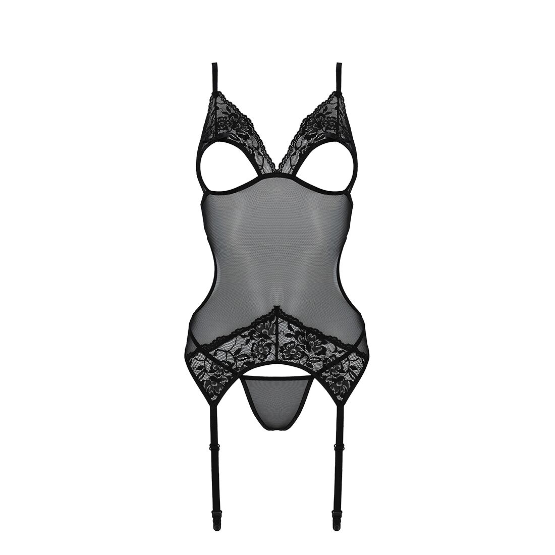 Корсет с подвязками и ажурным лифом Christa Corset black S/M — Passion, стринги в комплекте
