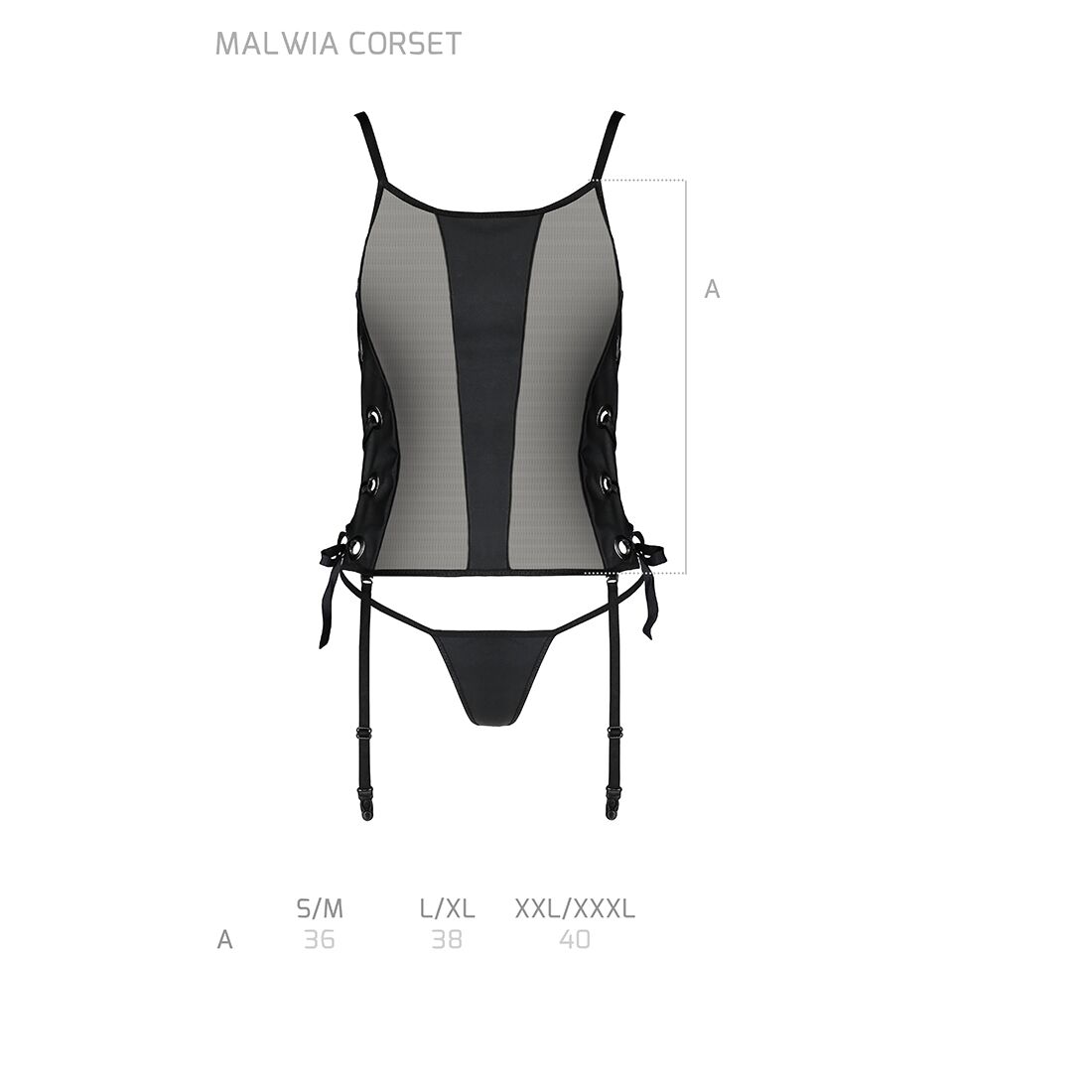 Сетчатый корсет из эко-кожи, с люверсами и съемными пажами Malwia Corset black L/XL — Passion, стрин