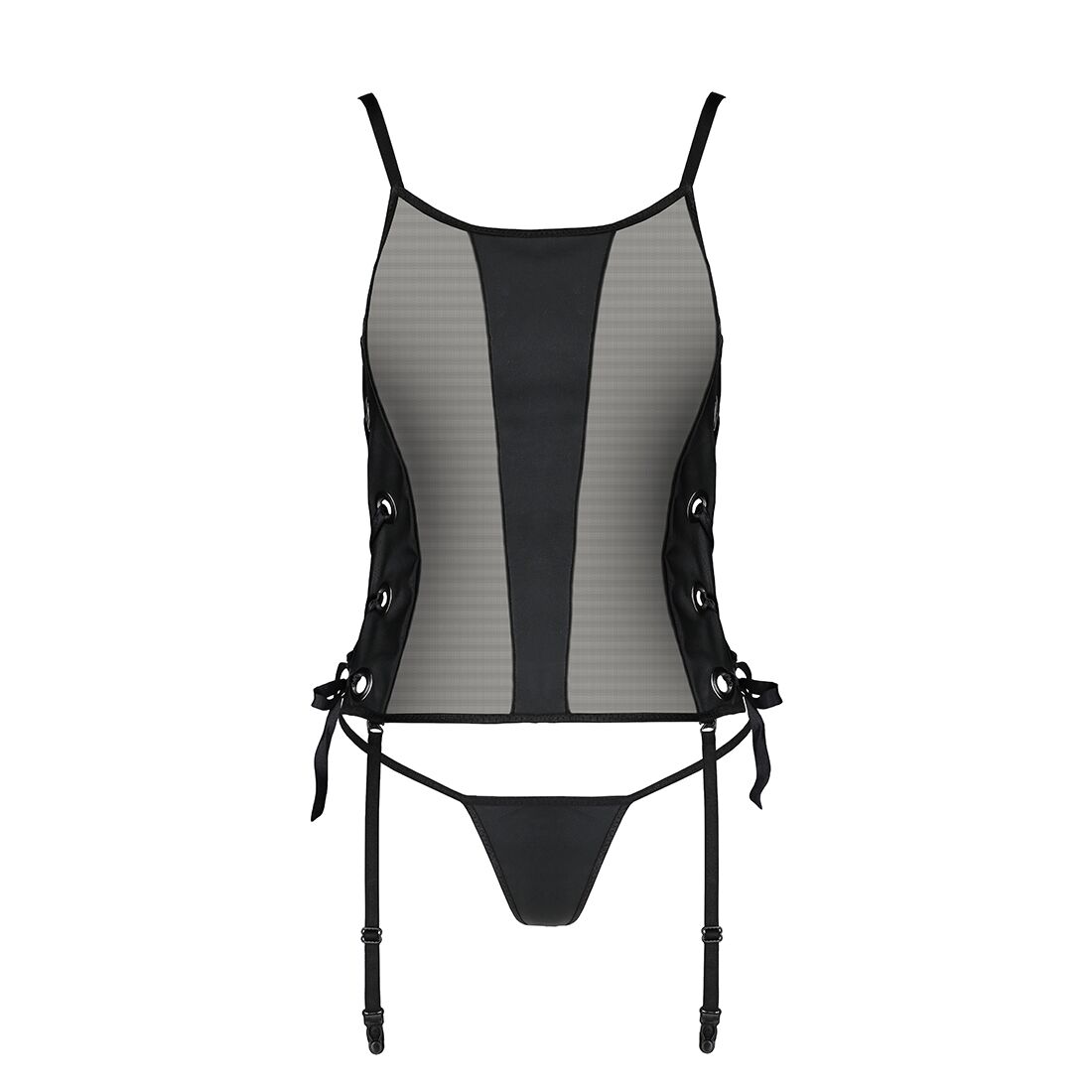 Сетчатый корсет из эко-кожи, с люверсами и съемными пажами Malwia Corset black XXL/XXXL — Passion, с