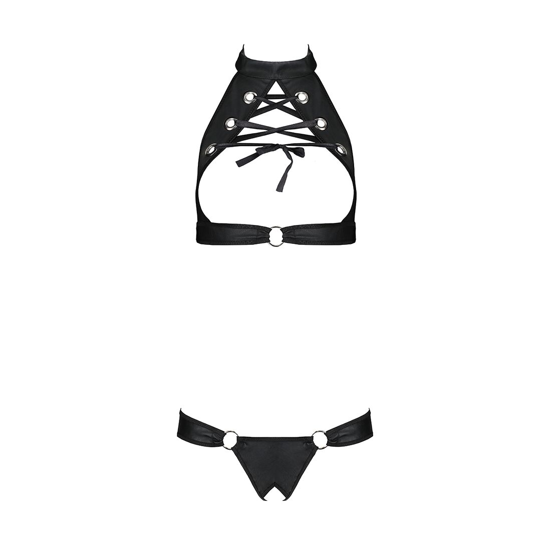 Комплект: открытый топ и трусики из эко-кожи с люверсами Malwia Set with Open Bra black L/XL — Passi