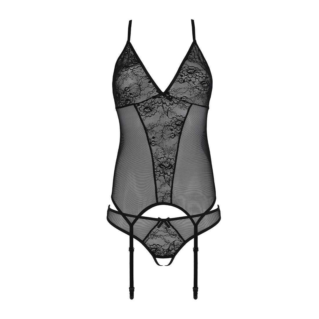 Корсет с пажами, трусики с ажурным декором и открытым шагом Ursula Corset black L/XL — Passion