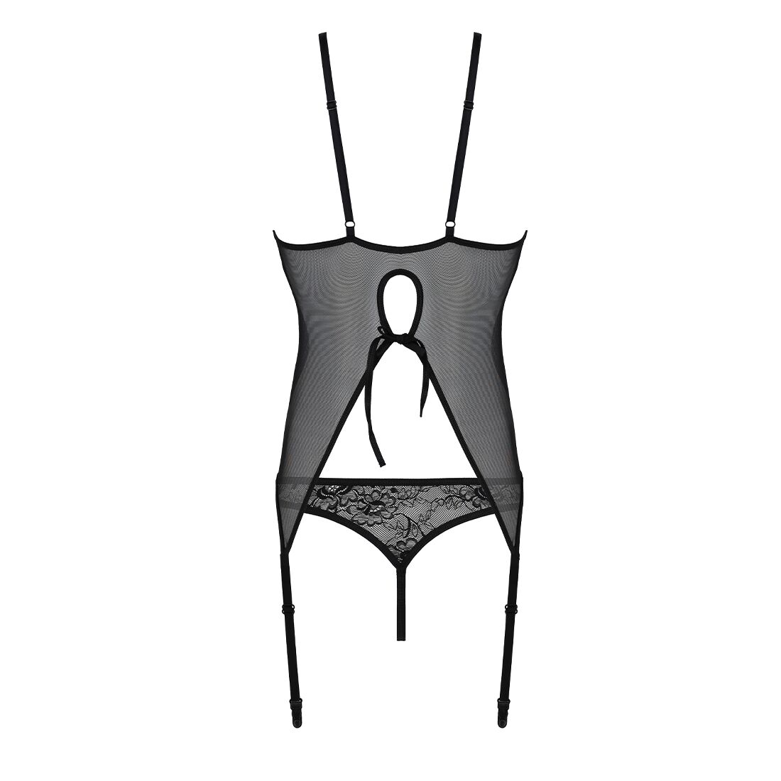 Корсет с пажами, трусики с ажурным декором и открытым шагом Ursula Corset black L/XL — Passion
