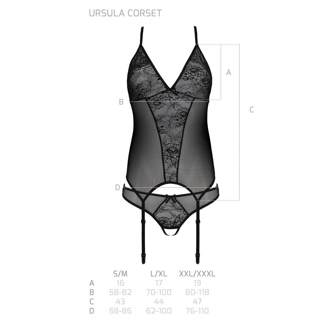 Корсет с пажами, трусики с ажурным декором и открытым шагом Ursula Corset black S/M — Passion