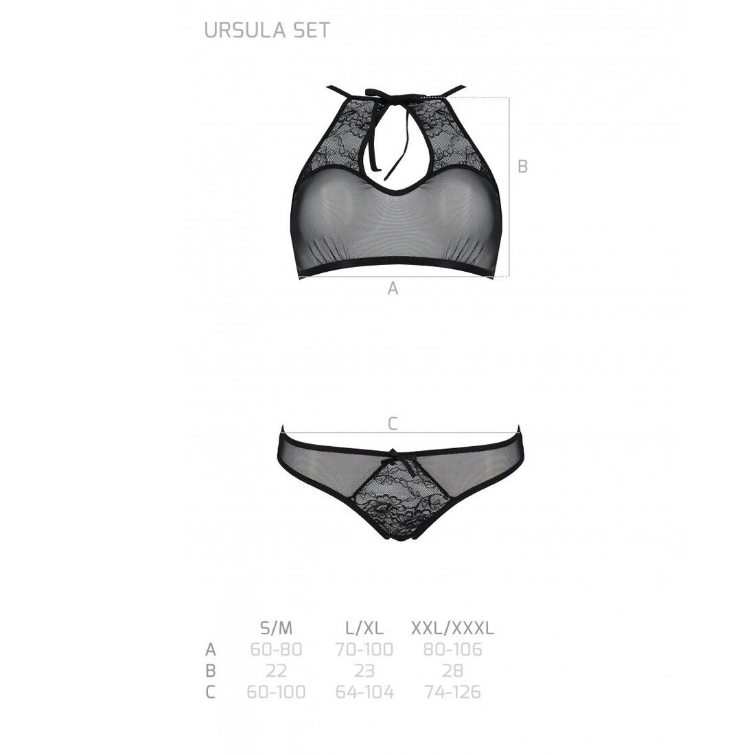 Комплект: бра, трусики с ажурным декором и открытым шагом Ursula Set black XXL/XXXL — Passion