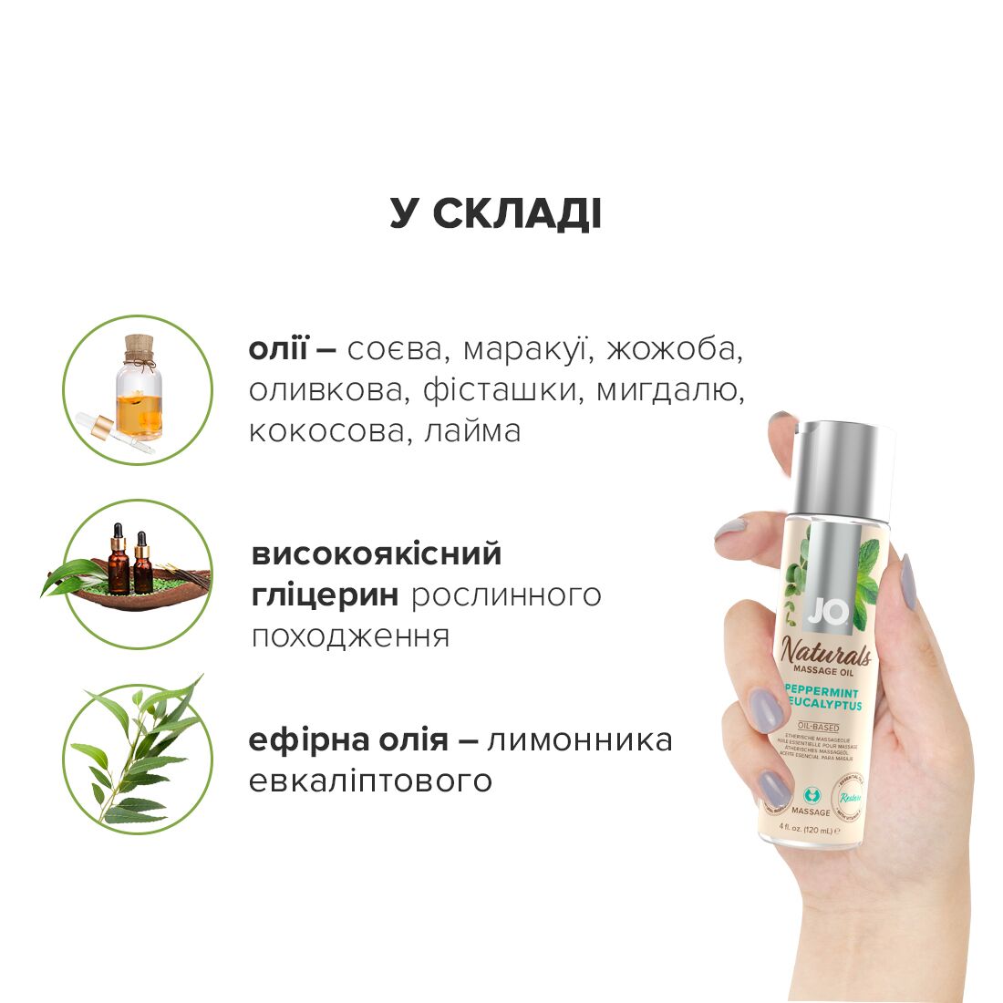 Массажное масло System JO – Naturals Massage Oil – Peppermint & Eucalyptus с натуральными эфирными м
