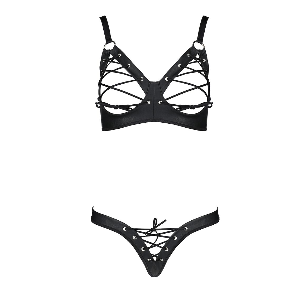 Комплект из экокожи CELINE BIKINI black XXL/XXXL — Passion: открытый бра с лентами, стринги со шнуро