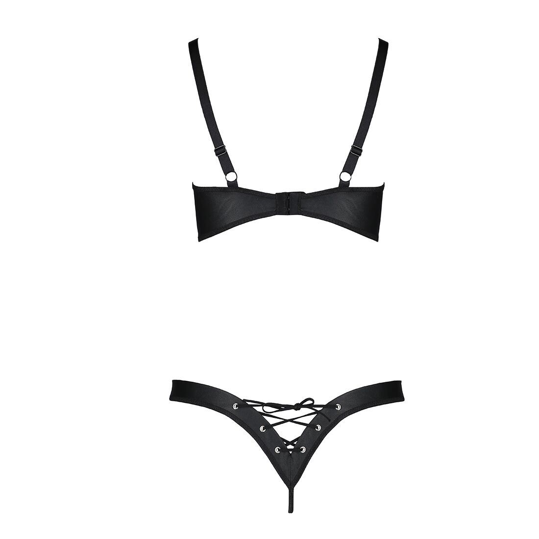 Комплект из экокожи CELINE BIKINI black XXL/XXXL — Passion: открытый бра с лентами, стринги со шнуро