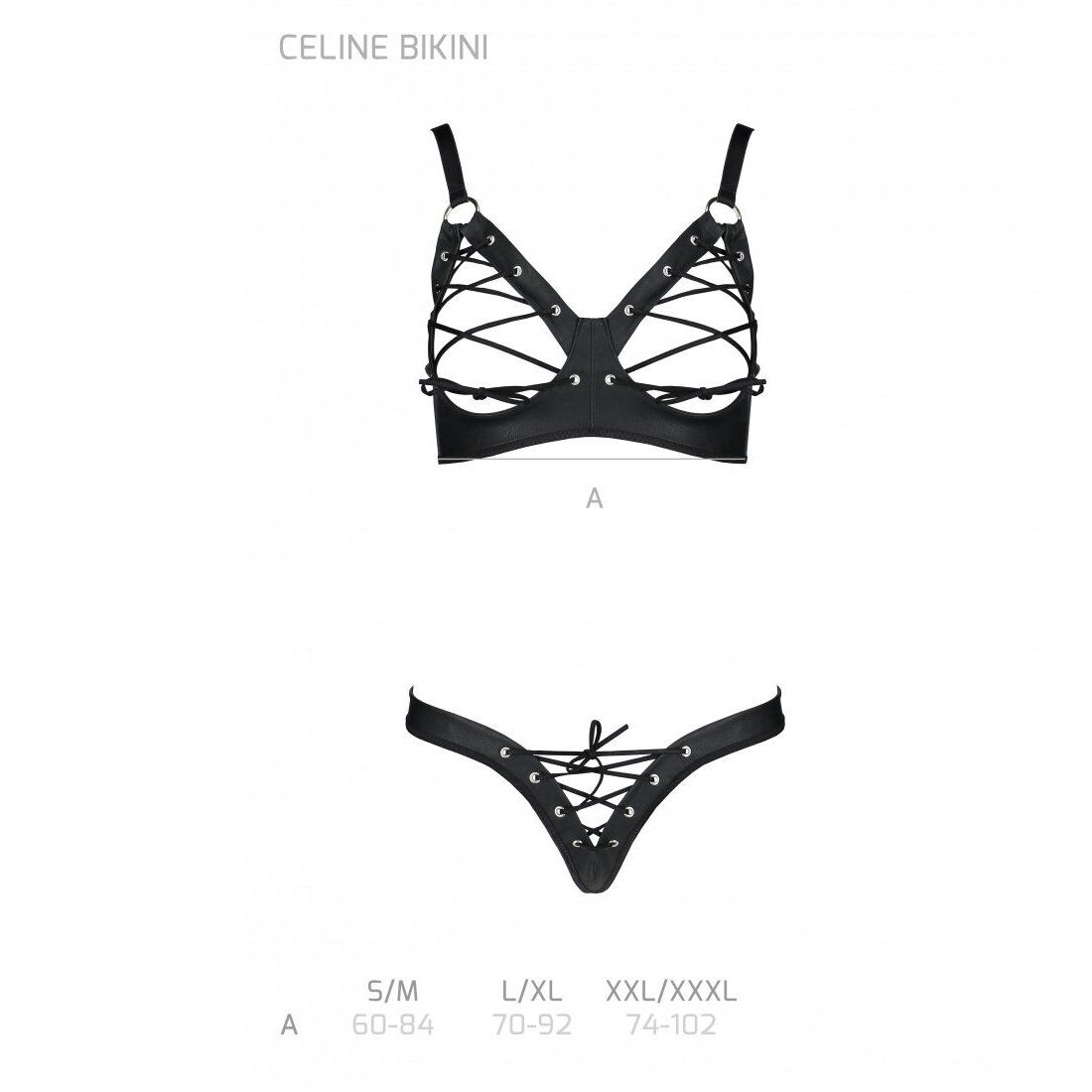 Комплект из экокожи CELINE BIKINI black XXL/XXXL — Passion: открытый бра с лентами, стринги со шнуро
