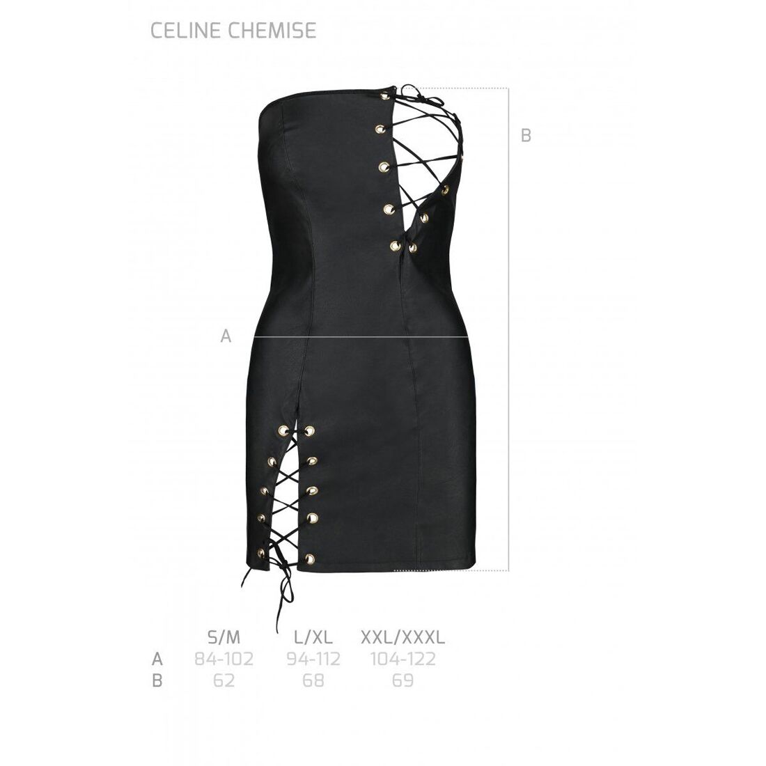 Мини-платье из экокожи Celine Chemise black L/XL — Passion: шнуровка, трусики в комплекте