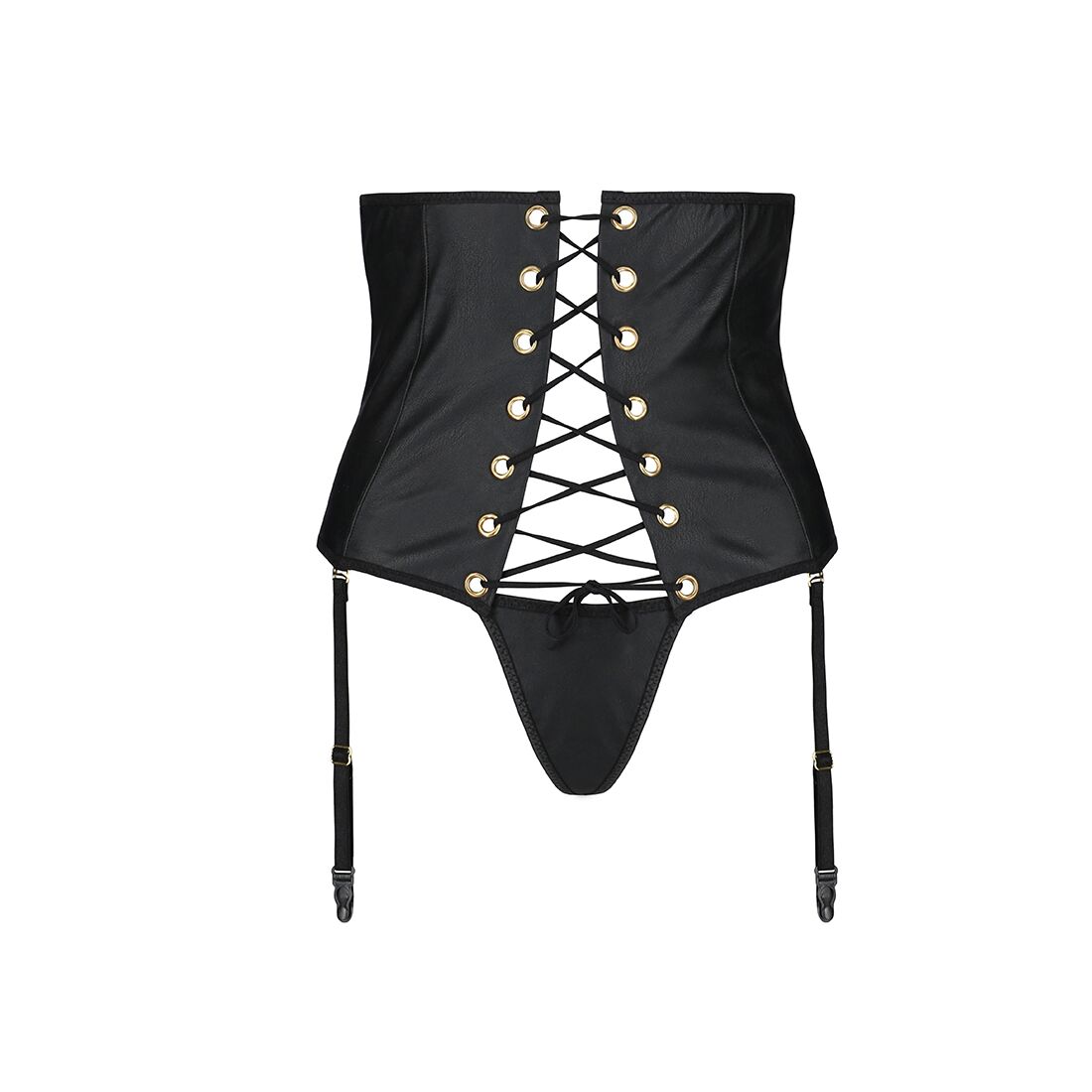 Пояс-корсет из экокожи CELINE SET black S/M — Passion: шнуровка, съемные пажи для чулок, стринги