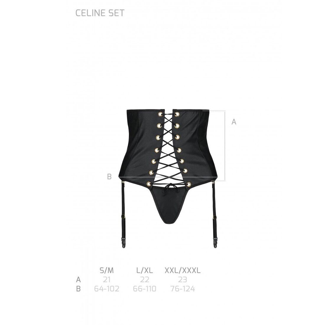 Пояс-корсет из экокожи CELINE SET black S/M — Passion: шнуровка, съемные пажи для чулок, стринги
