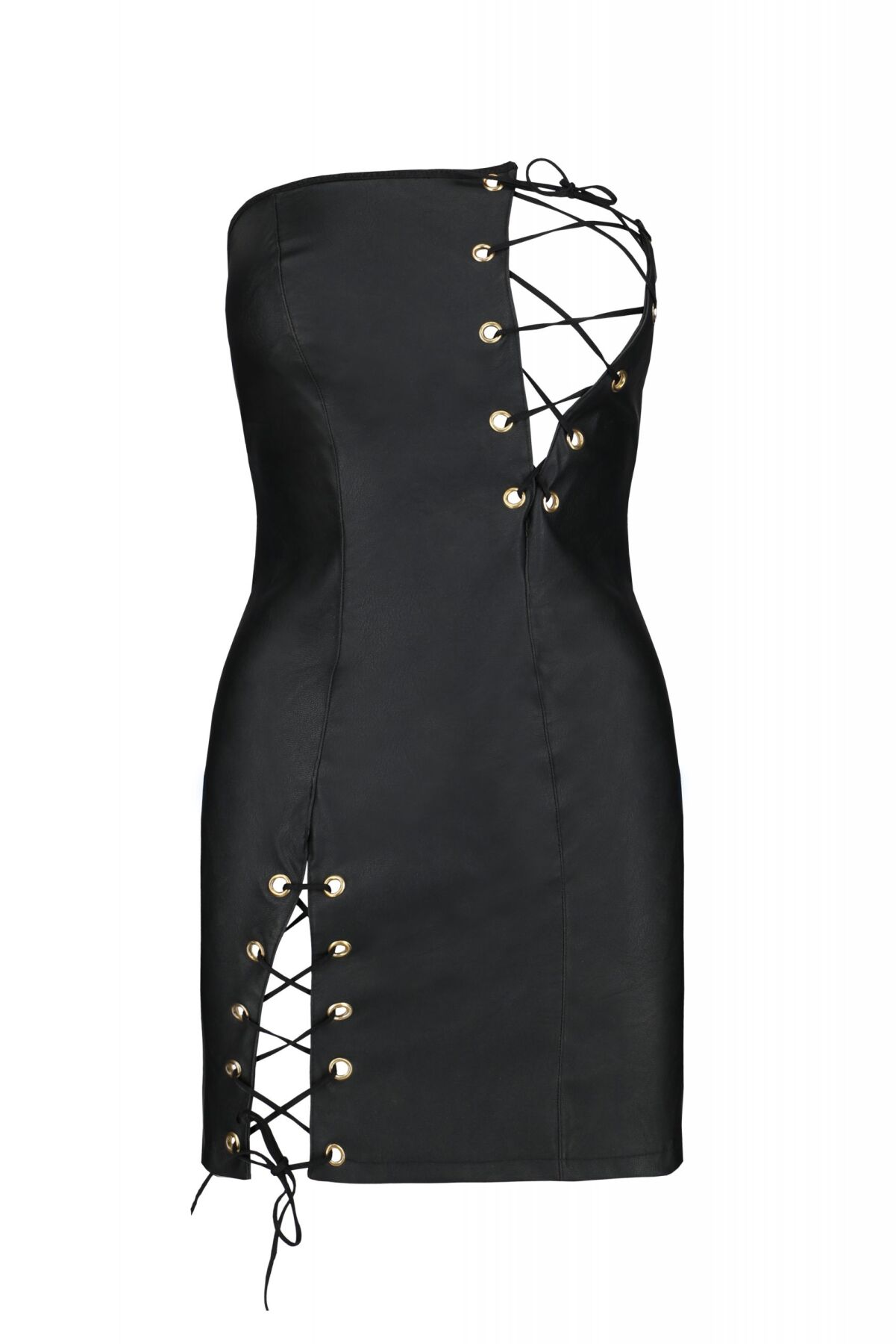 Мини-платье из экокожи Passion Celine Chemise 4XL/5XL black, шнуровка, трусики в комплекте