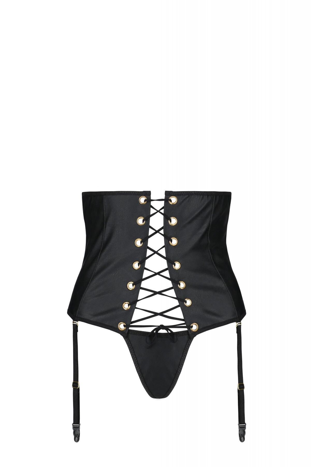 Пояс-корсет из экокожи Passion Celine Set with Open Bra 6XL/7XL black, шнуровка, пажи, стринги