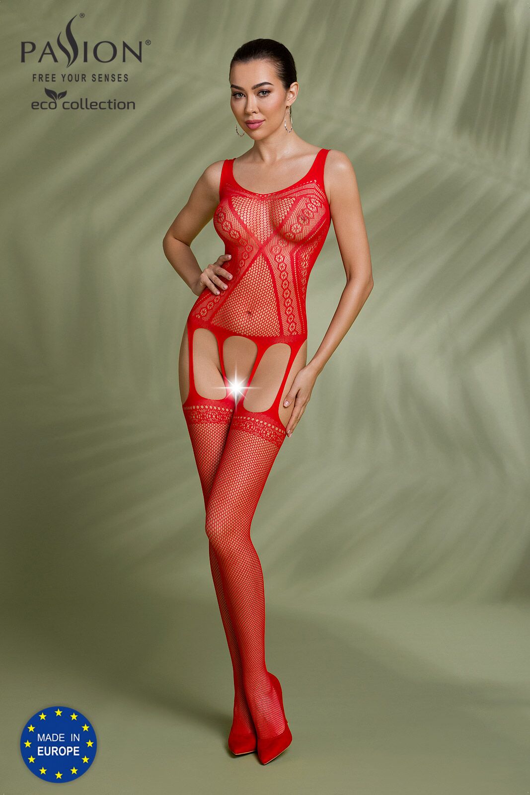 Бодистокинг Passion ECO BS007 red, с доступом, силуэтный рисунок, имитация подвязок