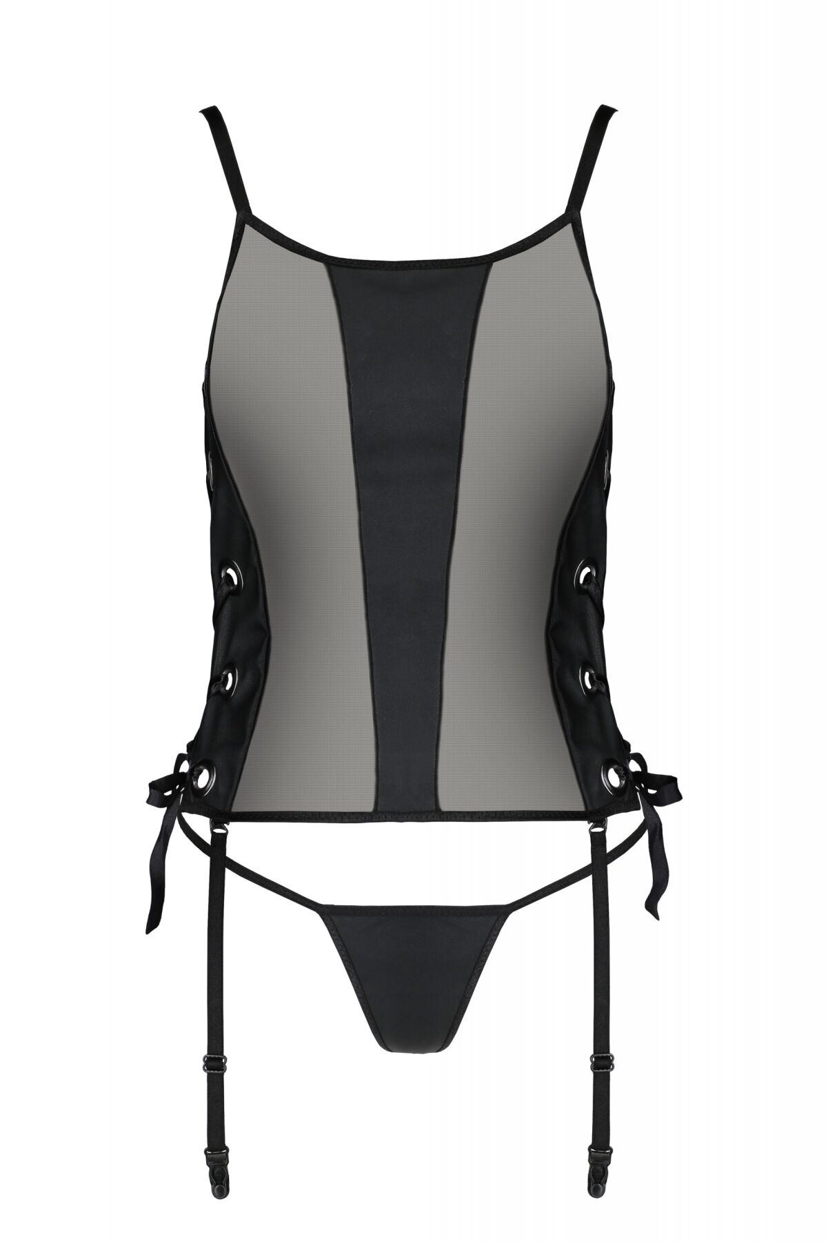 Сетчатый корсет из экокожи Passion Malwia Corset 6XL/7XL black, с люверсами и съемными пажами