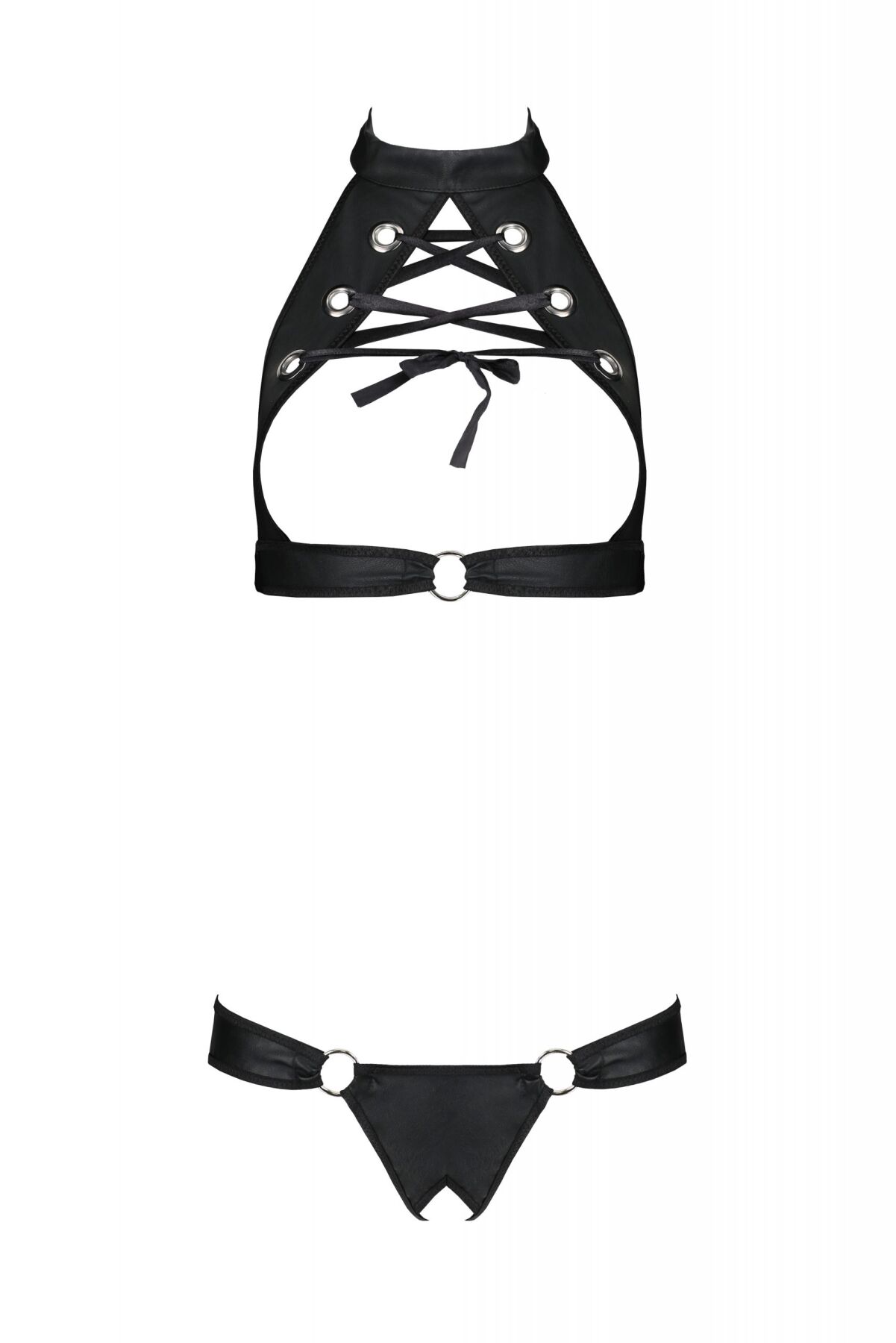 Комплект из экокожи Passion Malwia Set with Open Bra 4XL/5XL black, топ и трусики с люверсами
