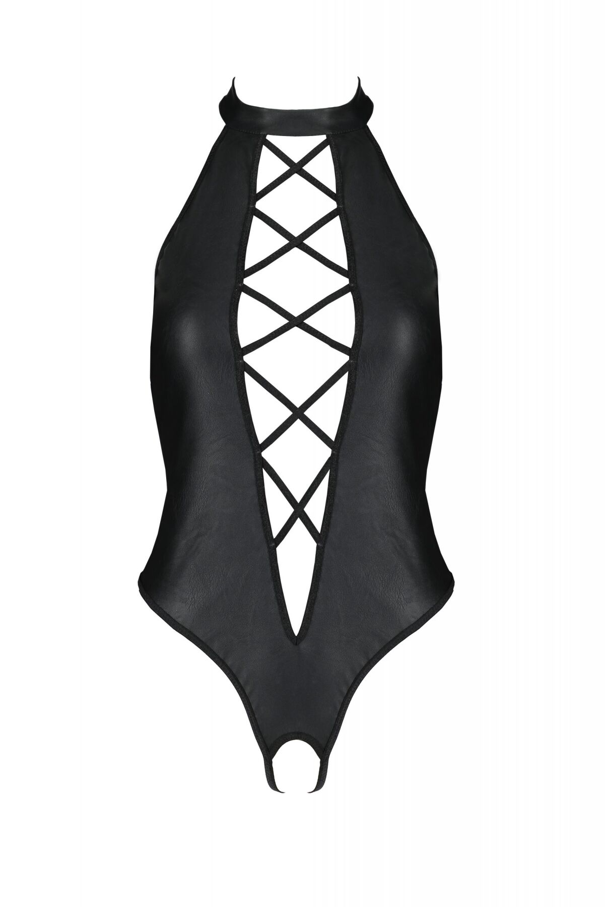 Боди из экокожи Passion Nancy Body 6XL/7XL black, с имитацией шнуровки и открытым доступом