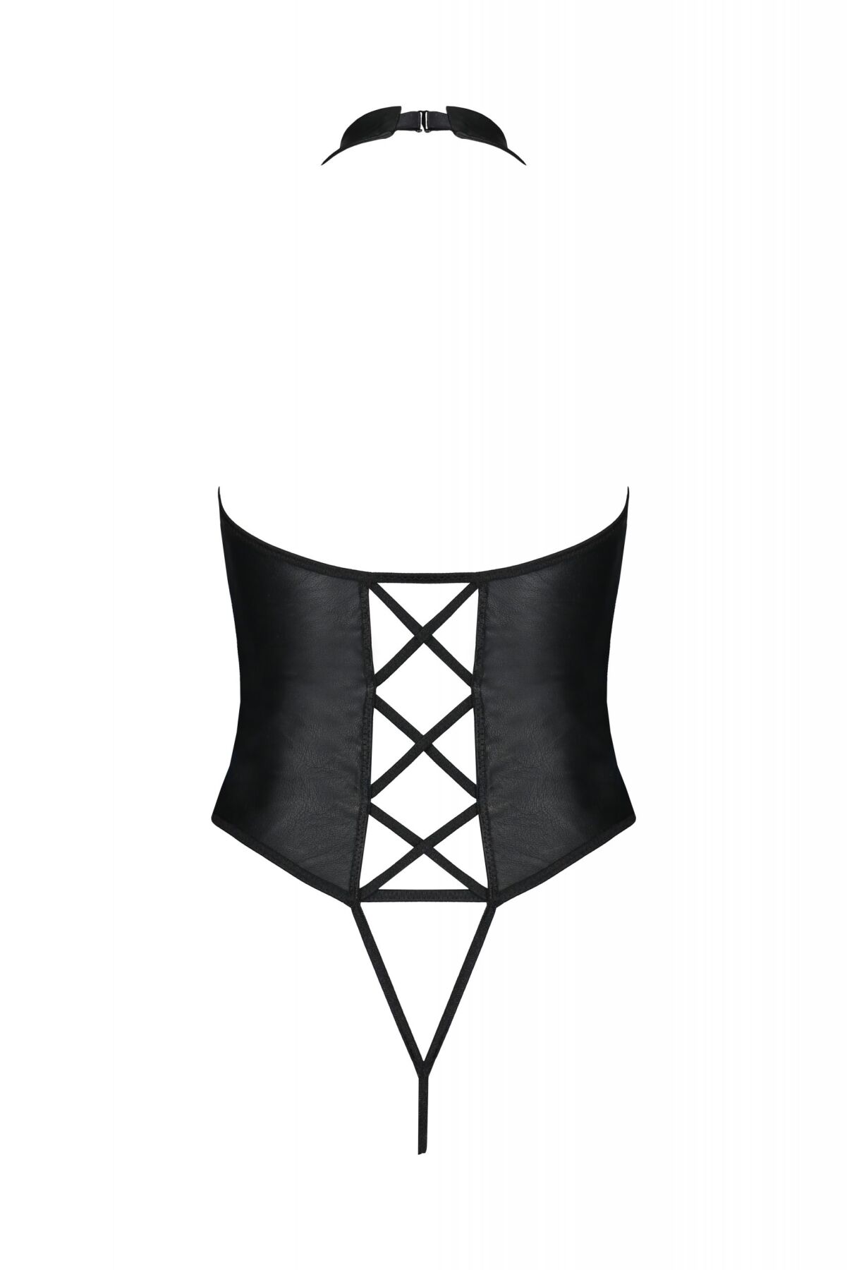 Боди из экокожи Passion Nancy Body 6XL/7XL black, с имитацией шнуровки и открытым доступом