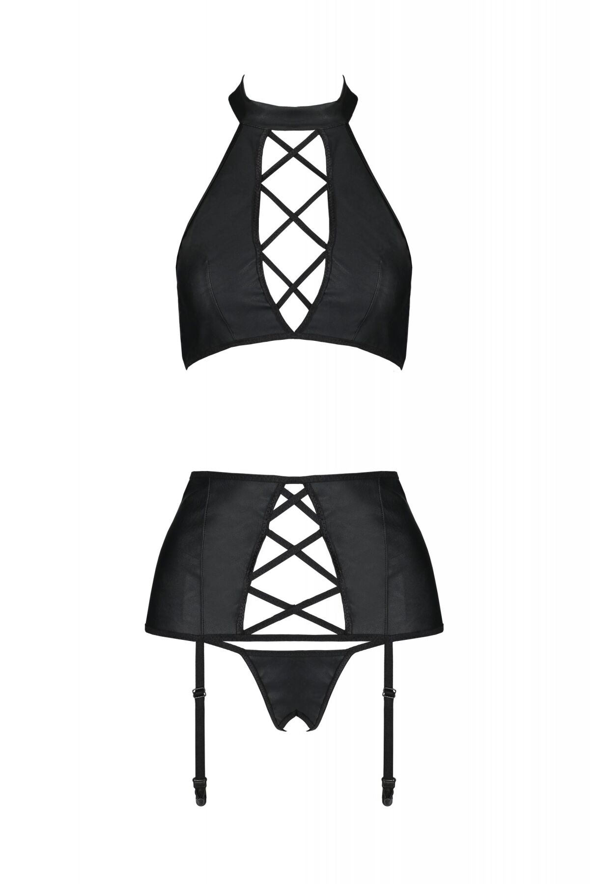 Комплект из экокожи Passion Nancy Set 4XL/5XL black, имитация шнуровки, топ, пояс для чулок