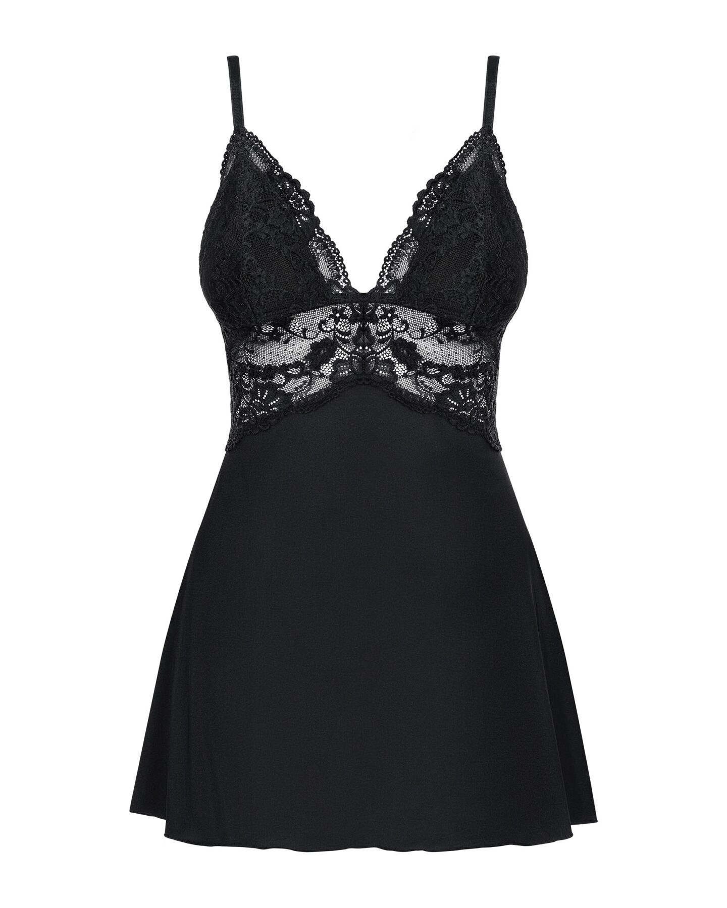 Сатиновый пеньюар с кружевом Obsessive 810-BAB-1 babydoll & thong L/XL, черный, пеньюар, танга
