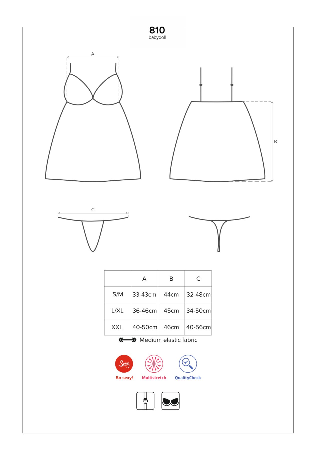 Сатиновый пеньюар с кружевом Obsessive 810-BAB-1 babydoll & thong L/XL, черный, пеньюар, танга