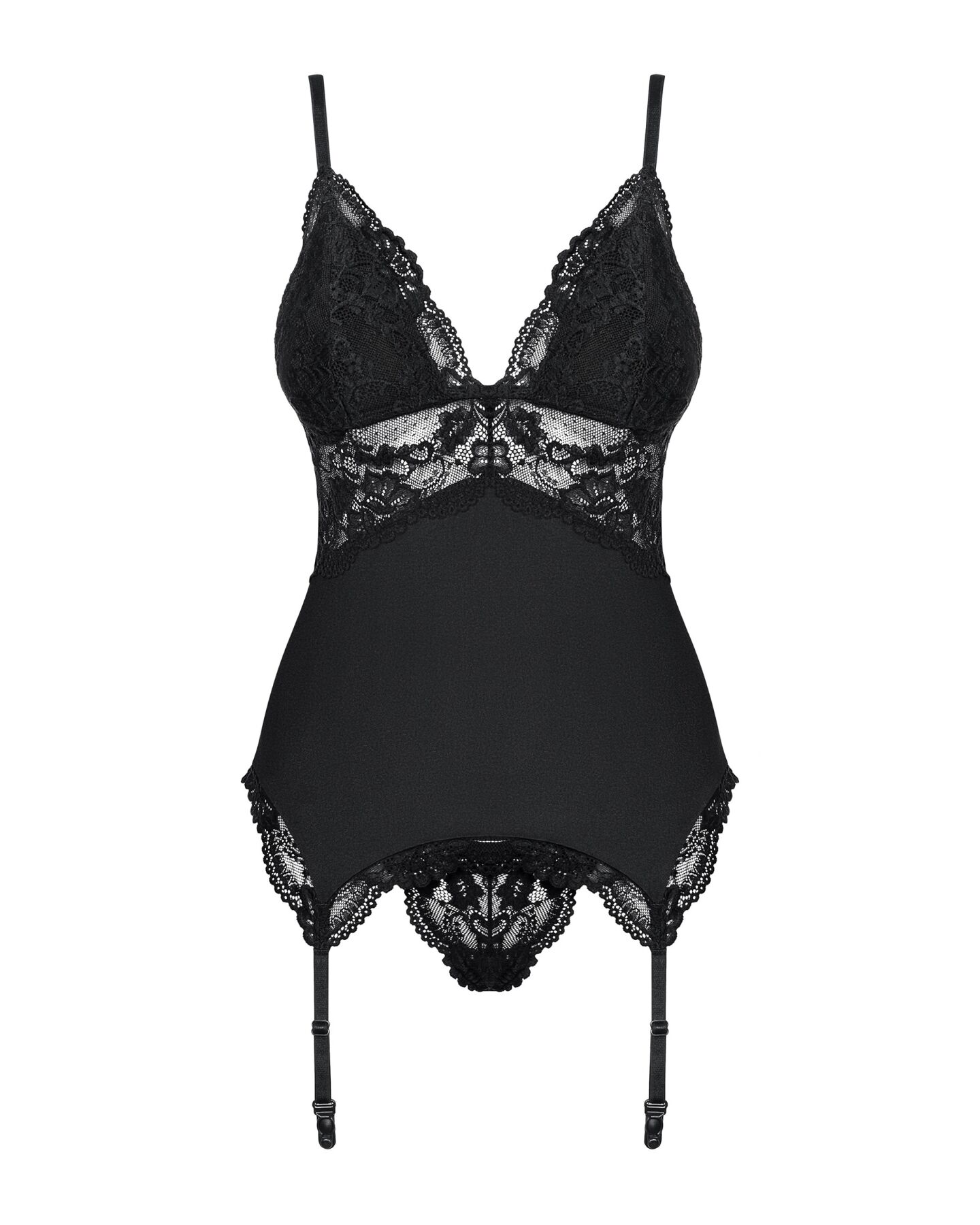 Сатиновый кружевной корсет Obsessive 810-COR-1 babydoll & thong S/M, черный, корсет, танга
