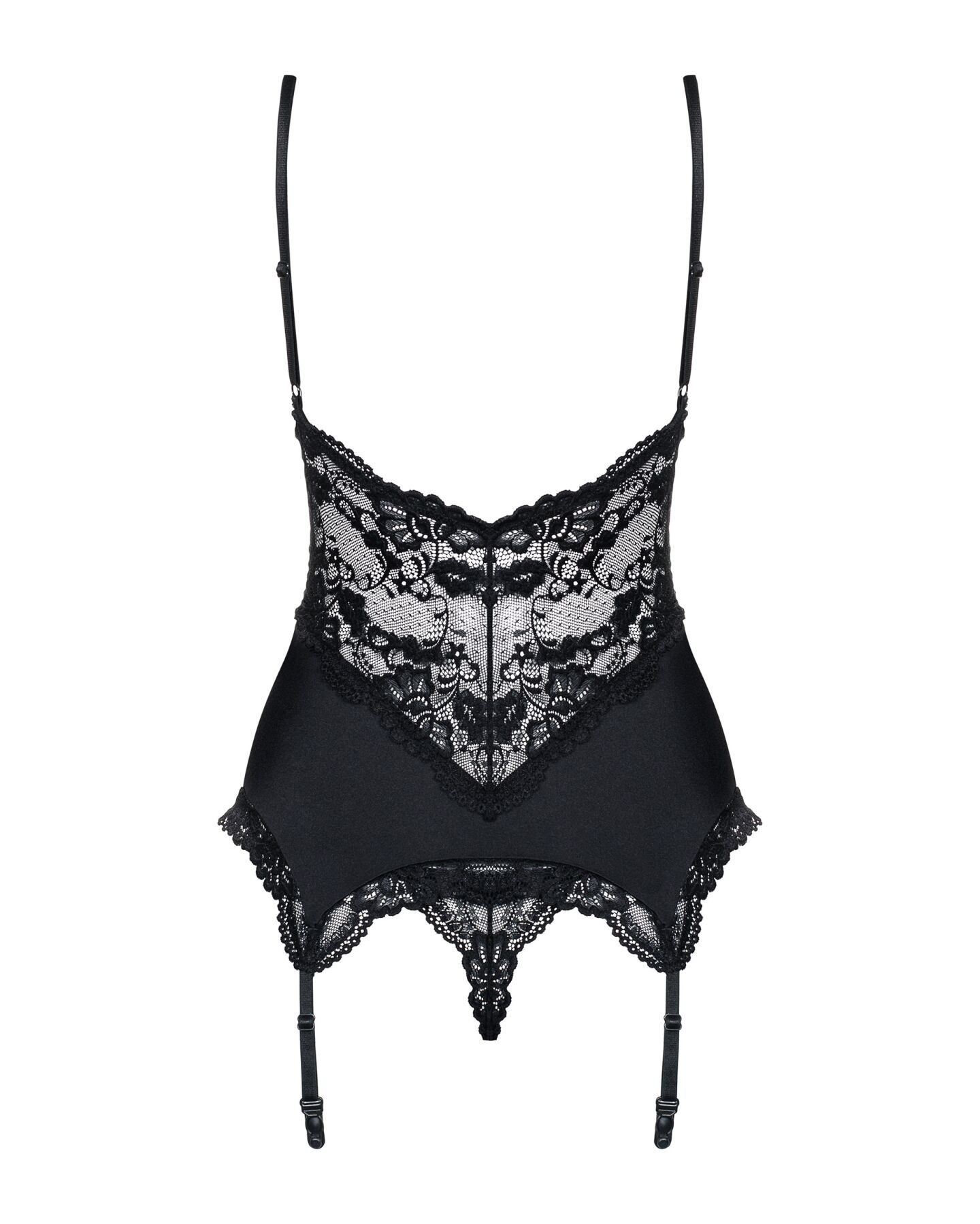 Сатиновый кружевной корсет Obsessive 810-COR-1 babydoll & thong S/M, черный, корсет, танга