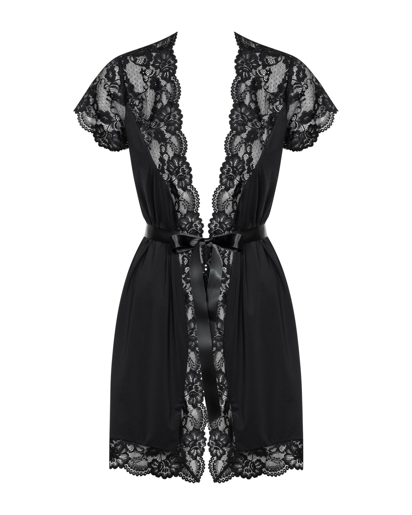 Сатиновый открытый пеньюар на поясе Obsessive 810-PEI–1 peignoir black S/M, черный