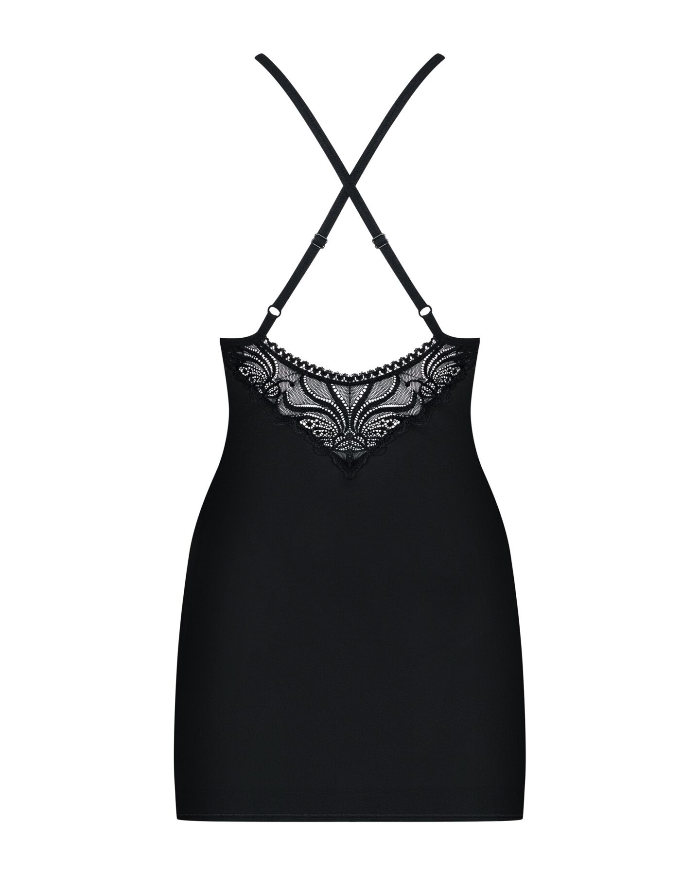 Сатиновый комплект для сна с кружевом Obsessive 828-CHE-1 chemise & thong S/M, черный, сорочка, стри