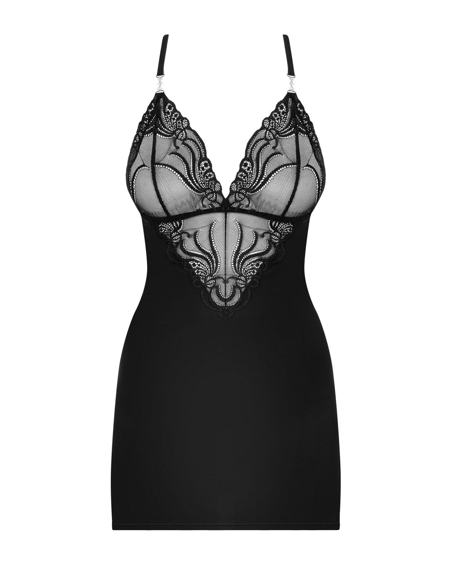 Сатиновый комплект для сна с кружевом Obsessive 828-CHE-1 chemise & thong L/XL, черный, сорочка, стр