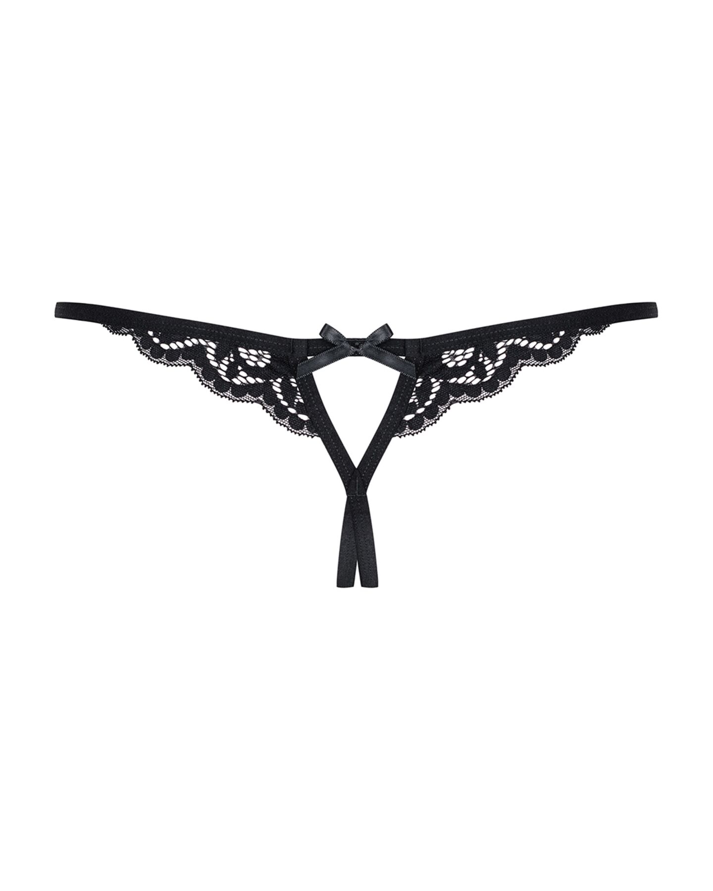 Кружевные танга с двумя отверстиями Obsessive 831-THC-1 crotchless thong S/M, черные, бантики
