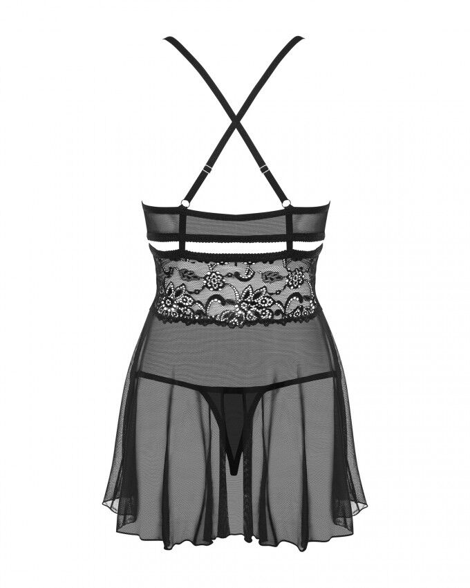 Эротический кружевной комплект с сеточкой Obsessive 838-BAB-1 babydoll & thong black S/M, черный, пе